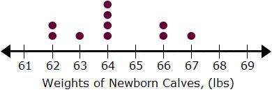 The dot plot shows the weights of ten calves, in pounds, born at robert's farm this year.