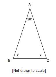 In isosceles triangle abc below, what is the value of x?  a.28 b.76 c.122