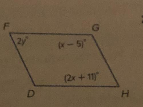 Ihave a parallelogram with an angle a of 2y, a supplementary angle of x-5 and the 2y has an across a