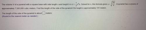 Ineed with this math problem.the volume v of a pyramid with a square base with side len