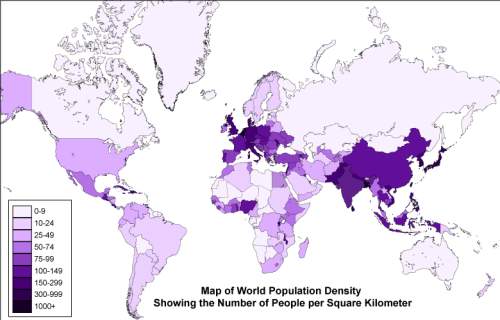 According to the map below, approximately how many people are there per square kilometer in the coun