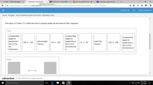 In the figure, p║q and r║s. match each pair of congruent angles with the reason for their congruency