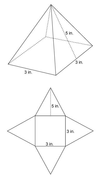 Martin builds a right square pyramid using straws. a diagram of the pyramid and its net are shown.