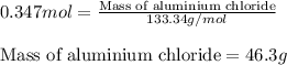 0.347mol=\frac{\text{Mass of aluminium chloride}}{133.34g/mol}\\\\\text{Mass of aluminium chloride}=46.3g