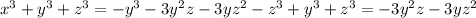 x^3+y^3+z^3 = -y^3 - 3 y^2 z - 3 y z^2 - z^3+y^3+z^3 = - 3 y^2 z - 3 y z^2