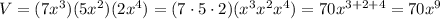 V=(7x^3)(5x^2)(2x^4)=(7\cdot5\cdot2)(x^3x^2x^4)=70x^{3+2+4}=70x^9