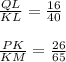 \frac{QL}{KL}=\frac{16}{40} \\\\\frac{PK}{KM} =\frac{26}{65}