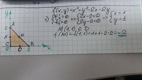 Find the absolute maximum and minimum values of f(x.y)=x^2+y^2-2x-2y on the closed region bounded by