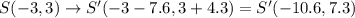 S(-3,3)\rightarrow S'(-3-7.6,3+4.3)=S'(-10.6,7.3)