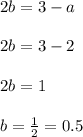 2b=3-a\\\\2b=3-2\\\\2b=1\\\\b=\frac{1}{2}=0.5