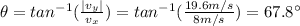 \theta = tan^{-1} (\frac{|v_y|}{v_x})=tan^{-1} (\frac{19.6 m/s}{8 m/s})=67.8^{\circ}