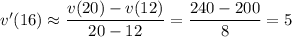 v'(16)\approx\dfrac{v(20)-v(12)}{20-12}=\dfrac{240-200}8=5