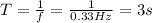 T=\frac{1}{f}=\frac{1}{0.33 Hz}=3 s