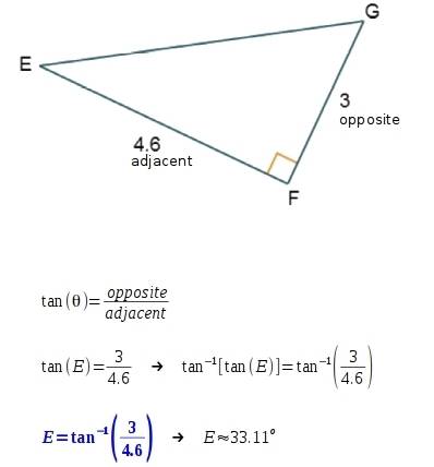 Which equation could be used to find m∠e in △efg?  m∠e = cos–1 m∠e = cos–1 m∠e = tan–1 m∠e = tan–1