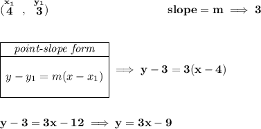 \bf (\stackrel{x_1}{4}~,~\stackrel{y_1}{3})~\hspace{10em} slope = m\implies 3 \\\\\\ \begin{array}{|c|ll} \cline{1-1} \textit{point-slope form}\\ \cline{1-1} \\ y-y_1=m(x-x_1) \\\\ \cline{1-1} \end{array}\implies y-3=3(x-4) \\\\\\ y-3=3x-12\implies y=3x-9