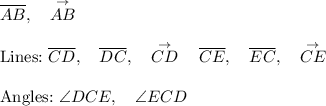\overline{AB},\quad \stackrel{\rightarrow}{AB}\\\\\text{Lines:}\ \overline{CD}, \quad \overline{DC},\quad \stackrel{\rightarrow}{CD}\quad \overline{CE}, \quad \overline{EC},\quad \stackrel{\rightarrow}{CE}\\\\\text{Angles:}\ \angle{DCE},\quad \angle{ECD}