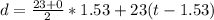 d = \frac{23 + 0}{2}*1.53 + 23(t - 1.53)