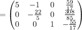 =\begin{pmatrix}5&-1&0&\frac{59}{17}\\ 0&-\frac{22}{5}&0&\frac{308}{85}\\ 0&0&1&-\frac{55}{17}\end{pmatrix}