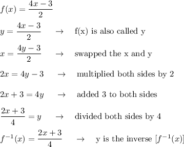 f(x)=\dfrac{4x-3}{2}\\\\y = \dfrac{4x-3}{2}\ \quad \rightarrow \quad \text{f(x) is also called y}\\\\x = \dfrac{4y-3}{2}\ \quad \rightarrow \quad \text{swapped the x and y}\\\\2x=4y-3\ \quad \rightarrow \quad \text{multiplied both sides by 2}\\\\2x+3=4y\ \quad \rightarrow \quad \text{added 3 to both sides}\\\\\dfrac{2x+3}{4}=y\ \quad \rightarrow \quad \text{divided both sides by 4}\\\\f^{-1}(x)=\dfrac{2x+3}{4}\ \quad \rightarrow \quad \text{y is the inverse}\ [f^{-1}(x)]