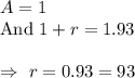 A=1\\\text{And }1+r=1.93\\\\\Rightarrow\ r=0.93=93%