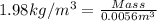 1.98kg/m^3=\frac{Mass}{0.0056m^3}