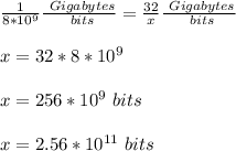 \frac{1}{8*10^{9}}\frac{\ Gigabytes}{\ bits} =\frac{32}{x}\frac{\ Gigabytes}{\ bits}\\ \\x=32*8*10^{9}\\ \\x=256*10^{9}\ bits\\ \\x=2.56*10^{11}\ bits