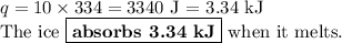 q = 10 \times 334 = \text{3340 J = 3.34 kJ}\\\text{The ice }\boxed{\textbf{absorbs 3.34 kJ}} \text{ when it melts}.