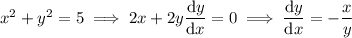 x^2+y^2=5\implies2x+2y\dfrac{\mathrm dy}{\mathrm dx}=0\implies\dfrac{\mathrm dy}{\mathrm dx}=-\dfrac xy