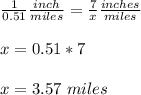 \frac{1}{0.51}\frac{inch}{miles}=\frac{7}{x}\frac{inches}{miles}\\ \\x=0.51*7\\ \\x=3.57 \ miles