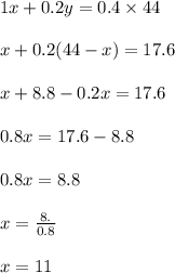 1x+0.2y=0.4\times 44\\\\x+0.2(44-x)=17.6\\\\x+8.8-0.2x=17.6\\\\0.8x=17.6-8.8\\\\0.8x=8.8\\\\x=\frac{8.}{0.8}\\\\x=11