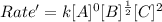 Rate'=k[A]^0[B]^{\frac{1}{2}}[C]^2