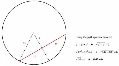 In a circle with a 12-inch radius, find the length of a segment joining the mid-point of a 20 inch c