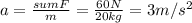 a=\frac{sum F}{m}=\frac{60 N}{20 kg}=3 m/s^2