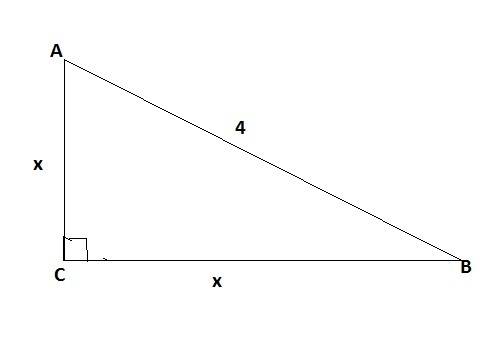 If the right triangle shown, ac= bc and ab=4, how long are each of the legs