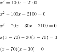 x^{2}=100x-2100\\ \\x^{2}-100x+2100=0\\\\x^{2}-70x-30x+2100=0\\ \\x(x-70)-30(x-70)=0\\\\(x-70)(x-30)=0