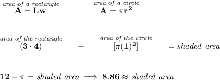 \bf \stackrel{\textit{area of a rectangle}}{A=Lw}\qquad \qquad \stackrel{\textit{area of a circle}}{A=\pi r^2} \\\\\\ \stackrel{\textit{area of the rectangle}}{(3\cdot 4)}~~~~-~~~~\stackrel{\textit{area of the circle}}{[\pi (1)^2]}~~~~=\textit{shaded area} \\\\\\ 12-\pi =\textit{shaded area}\implies 8.86\approx \textit{shaded area}