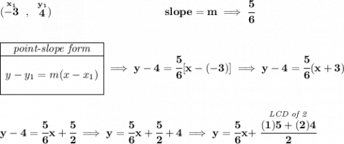 \bf (\stackrel{x_1}{-3}~,~\stackrel{y_1}{4})~\hspace{10em} slope = m\implies \cfrac{5}{6} \\\\\\ \begin{array}{|c|ll} \cline{1-1} \textit{point-slope form}\\ \cline{1-1} \\ y-y_1=m(x-x_1) \\\\ \cline{1-1} \end{array}\implies y-4=\cfrac{5}{6}[x-(-3)]\implies y-4=\cfrac{5}{6}(x+3) \\\\\\ y-4=\cfrac{5}{6}x+\cfrac{5}{2}\implies y=\cfrac{5}{6}x+\cfrac{5}{2}+4\implies y=\cfrac{5}{6}x+\stackrel{\textit{LCD of 2}}{\cfrac{(1)5+(2)4}{2}}