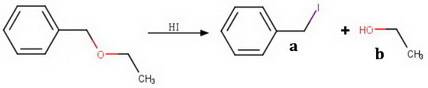 benzyl ethyl ether reacts with concentrated aqueous hi to form two initial organic products (a and