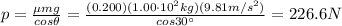 p=\frac{\mu mg}{cos \theta}=\frac{(0.200)(1.00\cdot 10^2 kg)(9.81 m/s^2)}{cos 30^{\circ}}=226.6 N