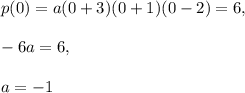 p(0)=a(0+3)(0+1)(0-2)=6,\\ \\-6a=6,\\ \\a=-1