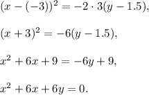 (x-(-3))^2=-2\cdot 3(y-1.5),\\ \\(x+3)^2=-6(y-1.5),\\ \\x^2+6x+9=-6y+9,\\ \\x^2+6x+6y=0.