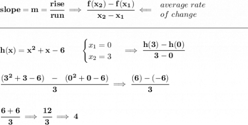 \bf slope = m = \cfrac{rise}{run} \implies \cfrac{ f(x_2) - f(x_1)}{ x_2 - x_1}\impliedby \begin{array}{llll} average~rate\\ of~change \end{array}\\\\[-0.35em] \rule{31em}{0.25pt}\\\\ h(x)=x^2+x-6 \qquad \begin{cases} x_1=0\\ x_2=3 \end{cases}\implies \cfrac{h(3)-h(0)}{3-0} \\\\\\ \cfrac{(3^2+3-6)~~-~~(0^2+0-6)}{3}\implies \cfrac{(6)-(-6)}{3} \\\\\\ \cfrac{6+6}{3}\implies \cfrac{12}{3}\implies 4