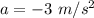 a=-3\ m/s^2