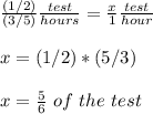 \frac{(1/2)}{(3/5)}\frac{test}{hours} =\frac{x}{1}\frac{test}{hour}\\ \\x=(1/2)*(5/3)\\ \\x=\frac{5}{6}\ of\ the \ test