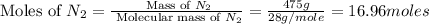 \text{Moles of }N_2=\frac{\text{ Mass of }N_2}{\text{ Molecular mass of }N_2}=\frac{475g}{28g/mole}=16.96moles