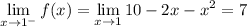 \displaystyle\lim_{x\to1^-}f(x)=\lim_{x\to1}10-2x-x^2=7