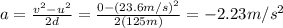 a=\frac{v^2-u^2}{2d}=\frac{0-(23.6 m/s)^2}{2(125 m)}=-2.23 m/s^2