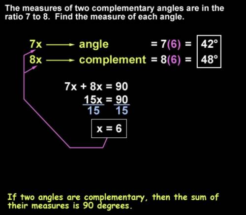 The ratio of the measures of two complementary angles is 7: 8 what is the measurement of the smaller
