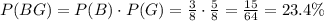 P(BG)=P(B)\cdot P(G) = \frac{3}{8}\cdot \frac{5}{8}=\frac{15}{64}=23.4 \%