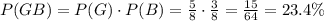 P(GB)=P(G)\cdot P(B) = \frac{5}{8}\cdot \frac{3}{8}=\frac{15}{64}=23.4 \%